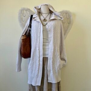 Boho Grunge Mori Girl Beige Cable Knit Hooded Cardigan Sweater Women Kawaii Cute